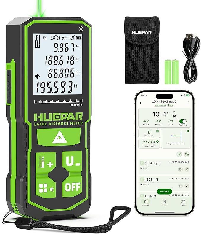 Laser Measuing Tool with Bluetooth APP, 200ft, ±1/16" High Accuracy, Huepar Rechargeable Green Beam Laser Distance Meter Multiple Measurement Modes, IP54 Durable for Home & Construction