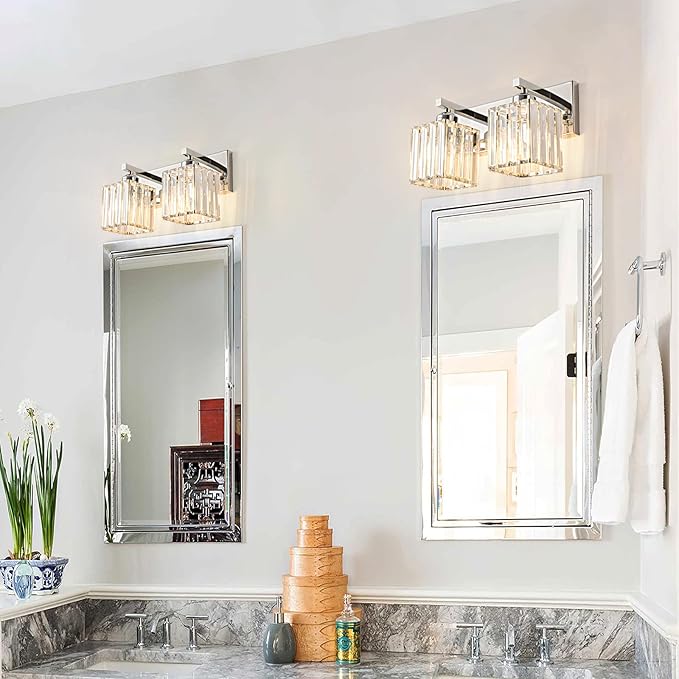 FDPBY Modern Bathroom Vanity Light 2-Lights Chrome Crystal Bathroom Wall Light Vanity Light Fixtures，12.59-inch Modern Minimalist Design
