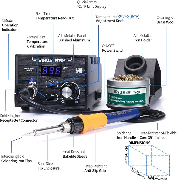 YIHUA 939D+ Digital Soldering Station, 75 Watt Equivalent with Temperature Control, °C/°F Display. ESD safe for Electronics. Aluminum Panel (Resists Burn). Solder Tips, Lead-free Solder & Extras