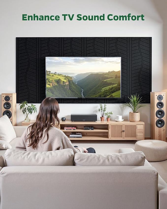 Topnaca 6 Pack Acoustic Panels Sound Absorbing for Home Office Walls, Black Decorative Self-Adhesive Leaf Textured Art Ceiling Tiles - Acoustical Treatments for Recording Studio Door 17"×12"×0.4"
