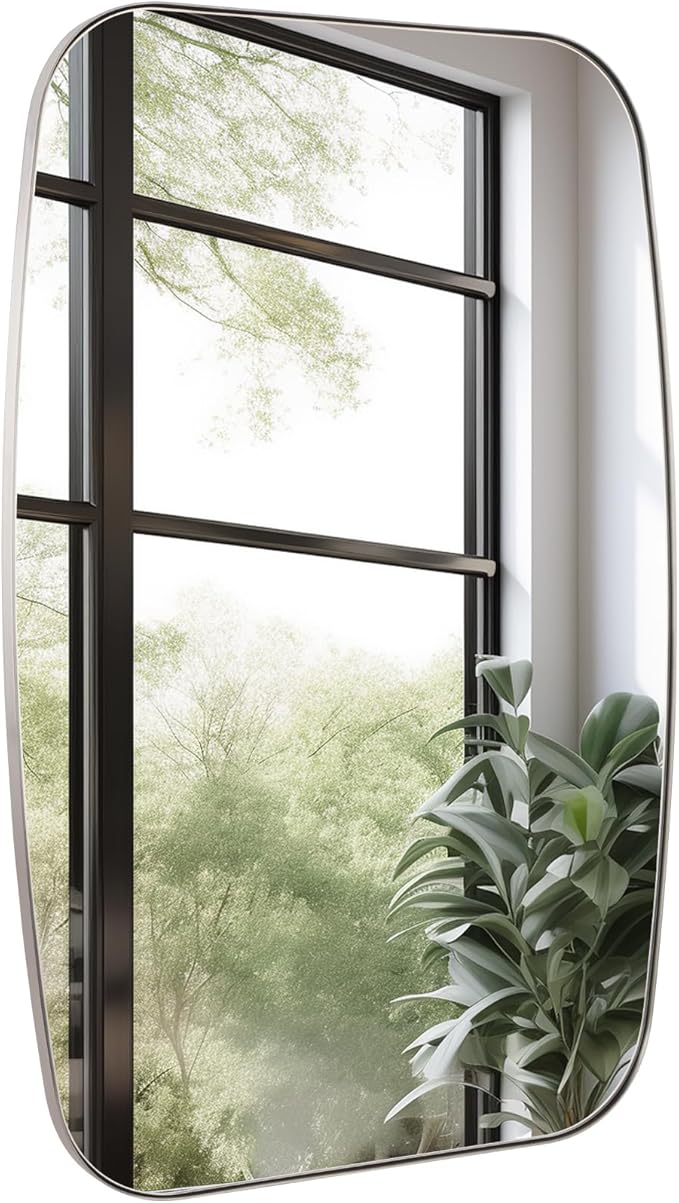 Brushed Nickel Bathroom Mirror, 24"×36" Oval Vanity Mirror with Stainless Steel Metal Frame, Silver Oblong Wall Mount Mirror for Bedroom, Living Room