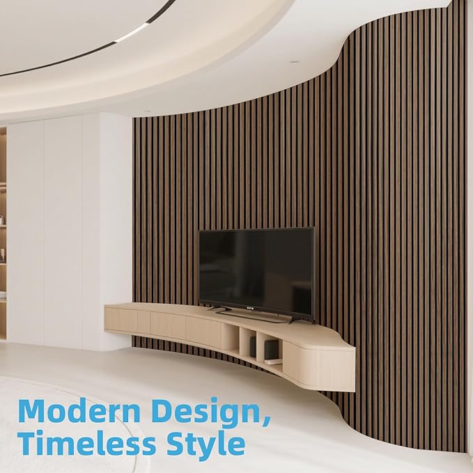 Art3d 1-Pack Acoustic Wood Slat Wall Panel with Roll-Flat Design - 95.3 x 23.8 Inch Sound Absorbing Panels for Living Room Columns Corridor Curved Wall Decor, Walnut