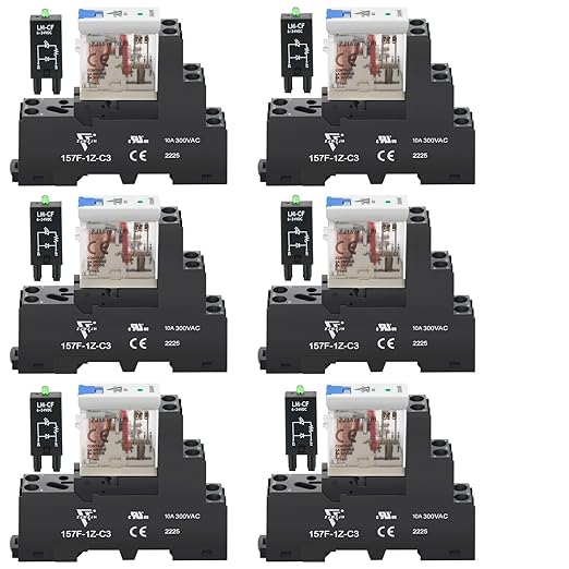 UL Listed 6 Pcs 12Amp Din Rail Relay 24V DC Relay Coil, 5 Pin SPDT 1NO 1NC with Test Button, LED Module Light, Socket Base, DIN Rail