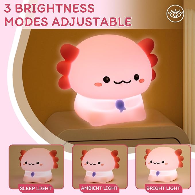 MAGOHMT 3 Level Dimmable Duck Night Light for Kids, Axolotl Night Light, Rechargeable LED Squishy Novelty Animal Lamp for Kids Sleep, Nursery Room Decor