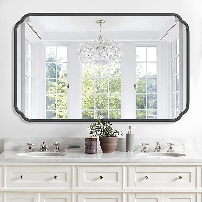 White 30"x48" Bathroom Mirror for Wall, Large Bathroom Vanity Mirror, Rounded Rectangle Mirror in Wooden Frame Hangs Horizontal Or Vertical