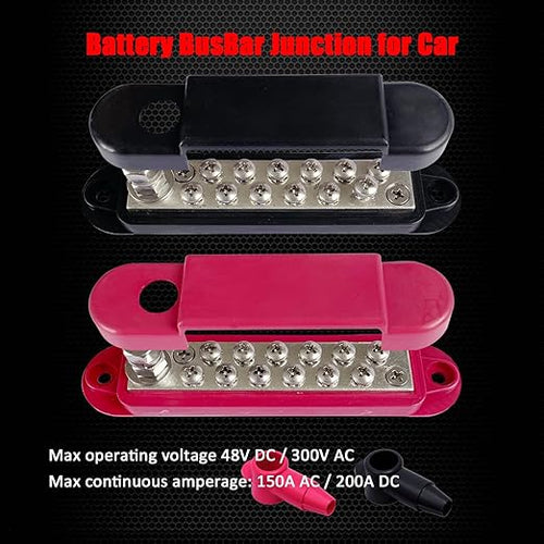 1/4" Stud Power Distribution Block Bus Bar with 12 x #8 Screws, Ampper 5.3" 12V 150A Marine BusBar Battery Distribution Block W/Cover for Car Audio Boat Solar (Red & Black)