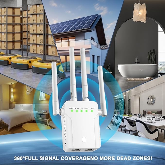 WiFi Extender Signal Booster,WiFi Extender, 5G WiFi Booster (Up to 10000sq. ft for 55+ Devices), WiFi Repeater with 4 Antennas 360° Coverage, WPS 1-Tap Setup with Dual Band 1200Mbps