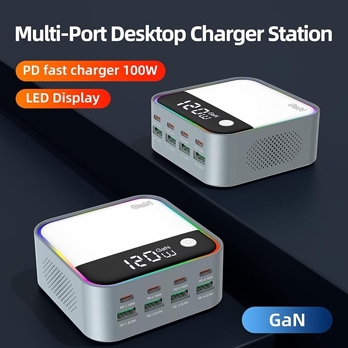 8-Port USB C Charging Station 120W, GaN Fast Charger Block with RGB Ambient Light, Simultaneously Charge Laptop, Phone, Tablet, Headphones for Desk, Gaming, Multiple Device