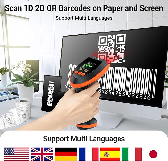Tera Barcode Scanner Wireless 2D with Stand: Pro Version Digital Setting Screen Keypad Works with Bluetooth 2.4G Wireless USB Wired Extra Fast Scanning Speed Handheld Bar Code Reader HW0009-Z