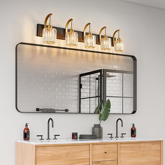 FDPBY 5-Light Crystal Vanity Light, Modern Black Gold Bathroom Wall Sconce with K9 Crystal Shades, 42.51" Long Over Mirror Lighting for Vanity, Makeup, Hallway, Elegant & Easy Installation