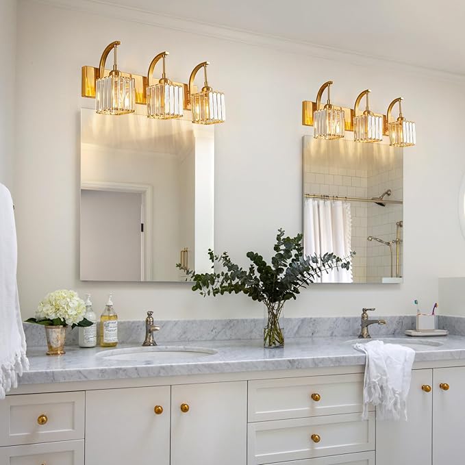FDPBY Crystal Vanity Lights 3-Light Gold Bathroom Vanity Lights Modern Crystal Bathroom Light Fixtures Over Mirror 23.62" Long Vanity Light for Bathroom
