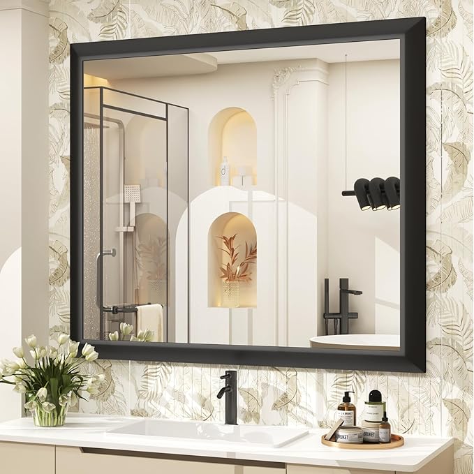 SMIROR Matte Black Bathroom Mirror for Over Sink 40x 38 inch, Metal Thick Frame Rectangle Vanity Mirror for Wall, Anti-Rust, Horizontally or Vertically Mounted