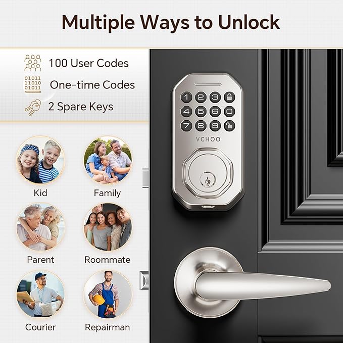 VCHOO Keyless Entry Door Lock Set Smart Locks for Front Door Keypad Door Lock with Handle Auto Lock One Time Password Anti Peeping Password IP54, Satin Nickel
