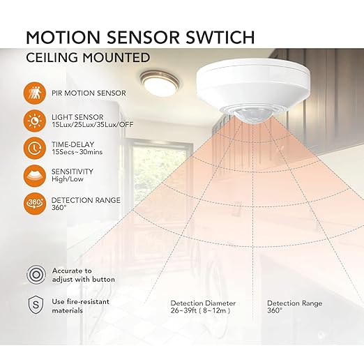 RAYZEEK Ceiling Mount 360 degree PIR Occupancy Motion Sensor,2200W,110-265V,8-12M High Sensitive HardWired Occupancy Sensor Detector, Commercial/Residential,Up to 1600 sq.ft(10A,Neutral Wire Required)