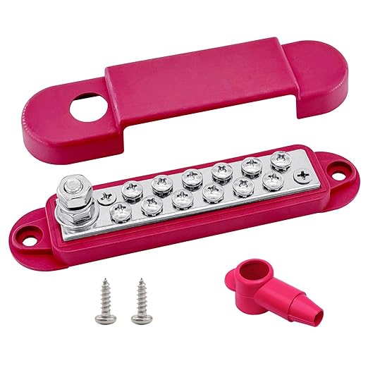 1/4" Stud Power Distribution Block Bus Bar with 12 x #8 Screws, Ampper 5.3" 12V 150A Marine BusBar Battery Distribution Block W/Cover for Car Audio Boat Solar (Red)