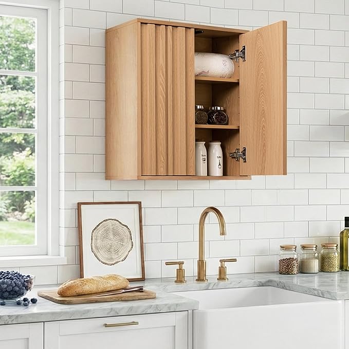 Fluted Wall Cabinet for Bathroom, Modern Wood Hanging Storage Organizer with Push-to-Open Doors, Sturdy 15mm Thick Board, Adjustable Shelves, Over Toilet Medicine Cabinet, Natural Oak Finish