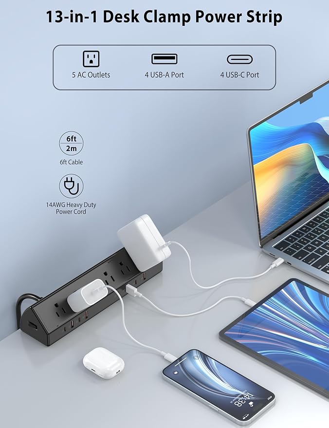 Desk Clamp Power Strip 65W Fast Charging Station,4 PD USB-C,5 Outlets,Nightstand Desk Edge Mount Tower Surge Protector,15 Amp Heavy Duty Power Strip,Fits 1.96" Tabletop Edge (Black, 6 FT Cable)