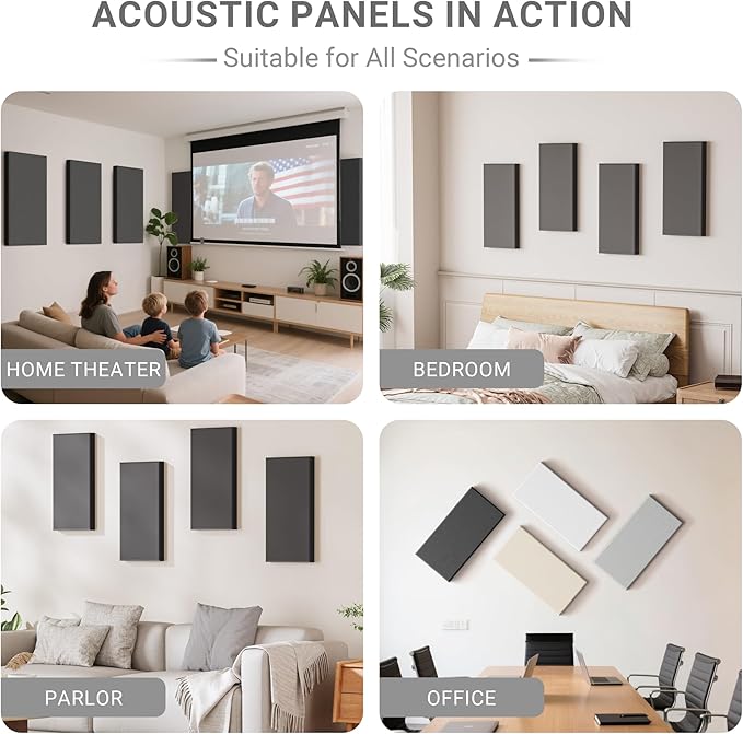4 Pack High-Density Core with Fabric Cover Acoustic Panels – 24×12×2 In Self-Adhesive Soundproofing and Sound-Absorbing Wall Panels for Echo Reduction in Studio, Theater, or Recording (Midnight Black)