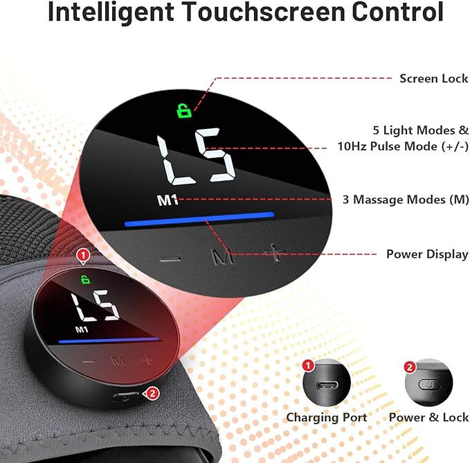 Red Light Therapy Knee Brace &Vibration Knee Massage, 660nm & 850nm Rechargeable Near Infrared Light Therapy Device for Knee/Elbow/Shoulder for Cordless Use, Gray.