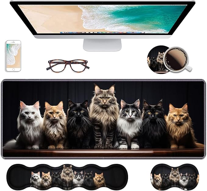 Ergonomic Keyboard Wrist Rest & Mouse Pad Wrist Rest Set,Large Gaming Desk Mat 31.5"x 11.8" with Non-Slip Base,Memory Foam,Easy Typing Pain Relief for Home & Office,A Group Fluffy Cats Stand in A Row
