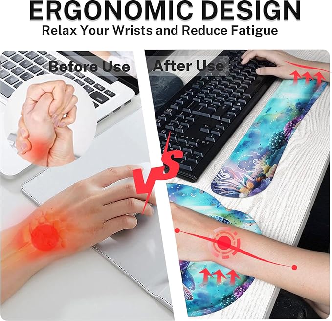 Britimes Sea Turtle Cute Ocean Keyboard Mouse Pad Set 4in1 Large Mousepad+Keyboard Wrist Rest+Mouse Wrist Rest+Coaster Set with Ergonomic Design for Home Office Computer 35.4x15.7 inches