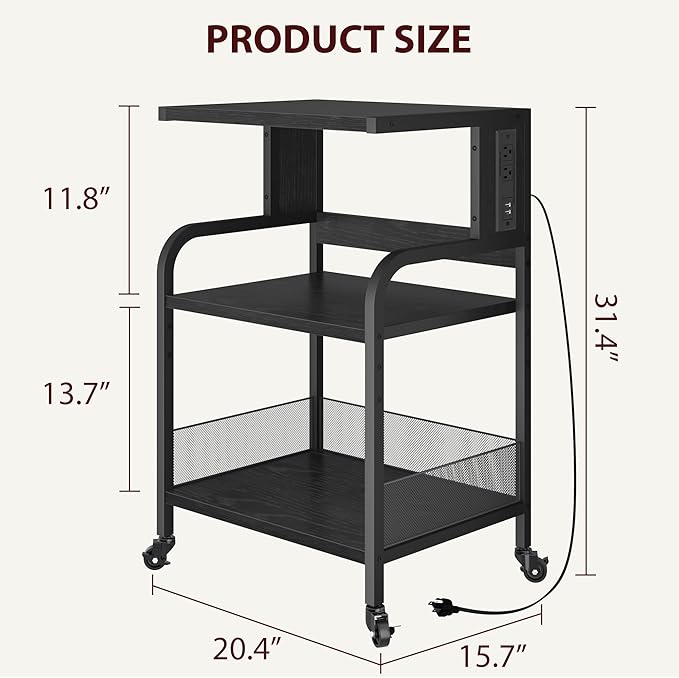 Garvee 3-Tier Large Printer Stand with Power Outlets & USB Ports, Industrial Rolling Printer Cart with Heavy Duty Metal Frame & Adjustable Shelf, with Storage & Lockable Wheels for Home Office, Black