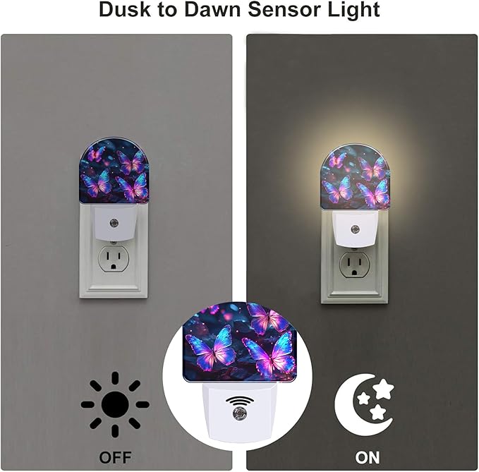 sndheke Glowing Purple Butterflies Night Light Plug into Wall, Neon Butterfly Dusk to Dawn Night Light Plug in,0.5w Energy Saving Sleep Friendly NightLight for Kids Boys Girls Home Decor