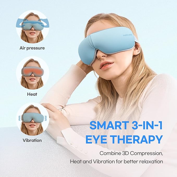 HuBDIC HubiCare Eye Massager with Heat, Vibration, and Music Helps Relieve Strain, Dark Circles, Dryness, and for Migraine Relief Relaxation and Better Sleep Gifts for Women/Men (Ice Blue)