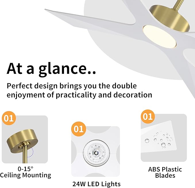 WINGBO 54" Wet Rated Outdoor Ceiling Fan with Lights, 4 ABS Plastic Blades, Reversible DC Motor, 6-Speed Remote Control, 3 CCT, Waterproof Ceiling Fan for Patio Porch Gazebo Garage, Brass and White