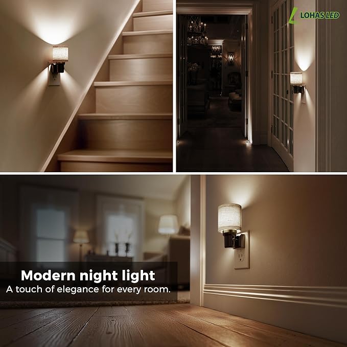 L LOHAS LED Night Lights Plug into Wall, 2 Pack Linen Fabric Cylinder Decor Night Light, Dusk to Dawn Sensor Vintage Nightlight, 5000K Daylight 0-100LM Dimmable, for Bedroom Living Room Hallway