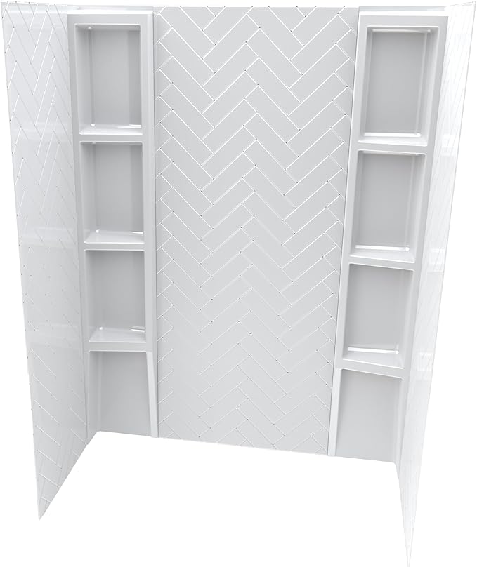 White Acrylic Shower Wall Surround 36"x 60"x 80" - Waterproof Easy-to-Install Two Shelf Units Kit Included - Shower Wall Surround Panels - Chevron Tiles Pattern, Classic Shelves