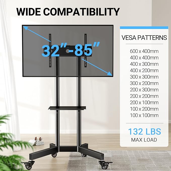 PERLESMITH Rolling TV Stand with Lockable Wheels for 32-85 Inch TVs Holds up to 132 Lbs, Height Adjustable Mobile TV Stand on Wheels with Laptop Shelf, Rolling Tv Cart Max VESA 600x400mm PSTVMC01