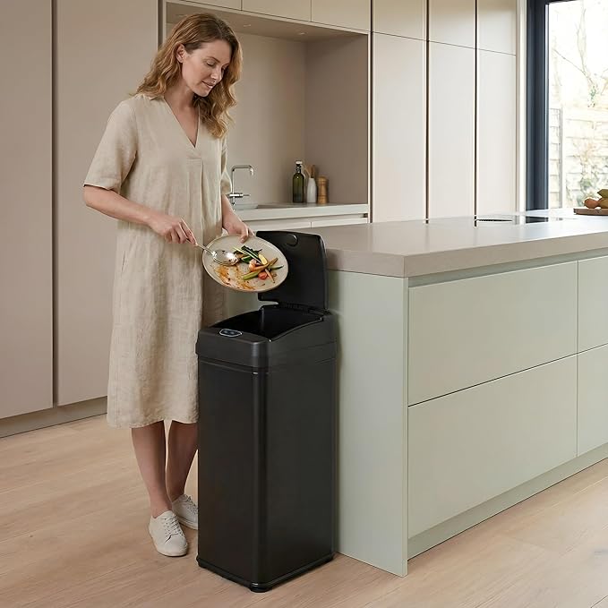 iTouchless 13 Gallon Kitchen Trash Can with Odor Filter, Automatic Motion Sensor Bin, Soft-Close Stainless Steel, Slim Wastebasket for Narrow Spaces, Matte Black
