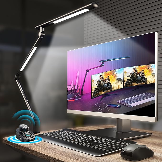 SANDROY VOLT Dual Light Source LED Desk Lamp - Clamp Mount Office Table Light with Knob Remote Control, Adjustable Brightness & Color Temperature, 5 Lighting Modes for Reading, Computer, DIY