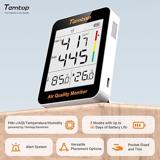 Temtop Air Quality Monitor Indoor Thermo-Hygrometer - PM2.5, AQI, Temperature, and Humidity Meter for Home, Office, or School, Air Quality Measurement, 60-Day Battery Life