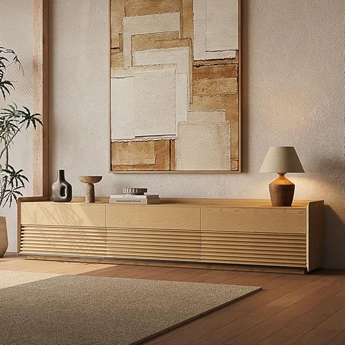 POVISON 95" Fully Assembled Mid Century Modern TV Stand with LED Lights, Extra Long Media Console with 6 Drawers, Luxury Wood Slatted Entertainment Center for 85 90 100 Inch TV