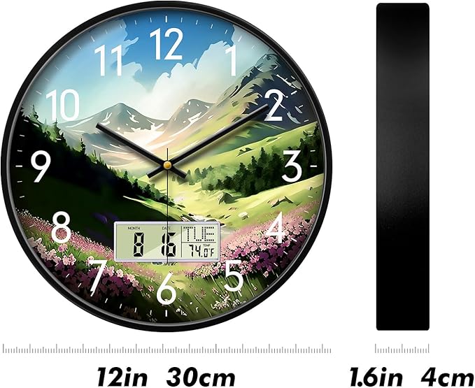 SCOAGE Digital Large Display Silent Wall Clock with Temperature Date Mountain Flowers Modern Non-ticking Battery Operated Mount Clocks Bathroom Kitchen Clock Farmhouse Living Room Office Decor 12 Inch