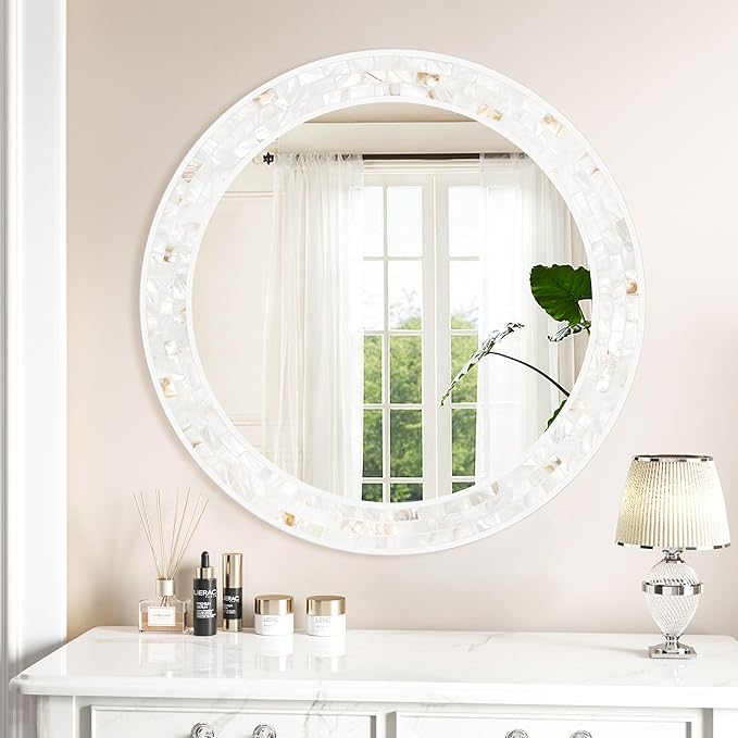 Tanmicoshomy Round Wall Mirror 30 Inch, Natural Shell Framed Circle Mirrors with Tempered Glass for Coastal Bathroom Bedroom Living Room or Entrayway
