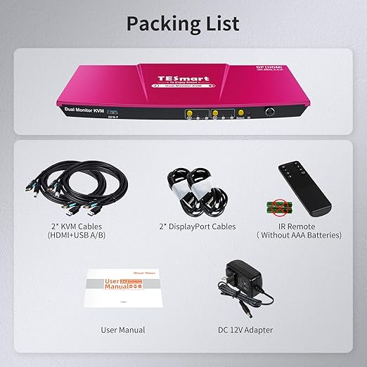 TESmart USB 3.0 DisplayPort + HDMI KVM Switch 2 Monitors 2 Computers 4K@60Hz, Dual Monitor KVM Switch 2 Port Extended Display, EDID Emulators, Headset, Hotkey Switch, Button Switch with All Cables