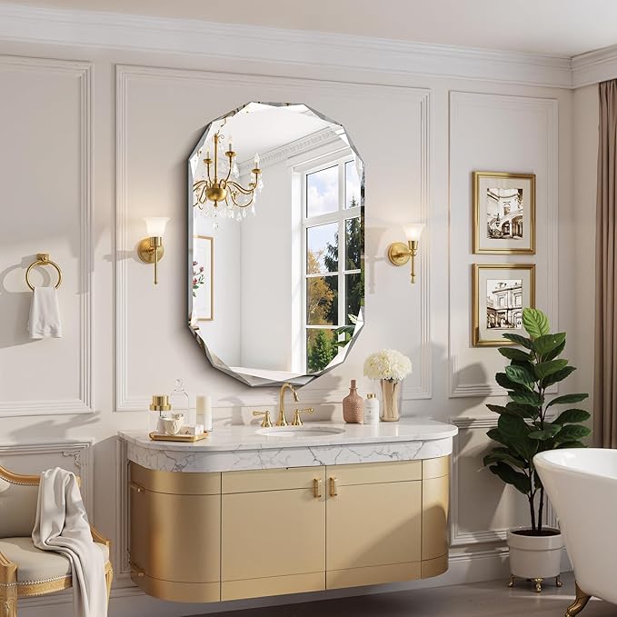 GLASHOM Beveled Edge Frameless Bathroom Mirror, Oval Wall Mirror for Over Sink, 28" x 48" Modern Decorative Vanity Mirror for Bedroom, Living Room, Entryway, Hanging Mirror Horizontal or Vertical