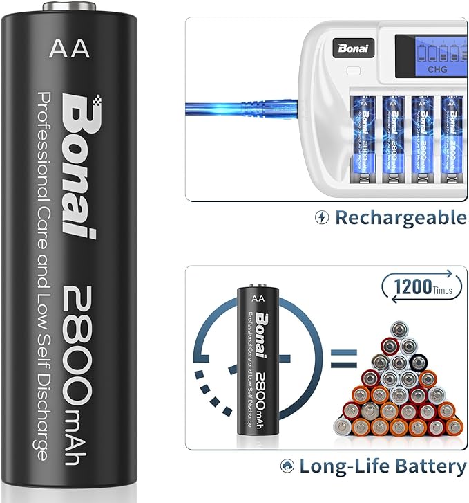 BONAI Rechargeable AA Batteries with Charger, 8+1 Bay Battery Charger with LCD Display for 1.2V NiMH AA AAA 9V, 2800mAh High Capacity Low Self Discharge- 8 Pack