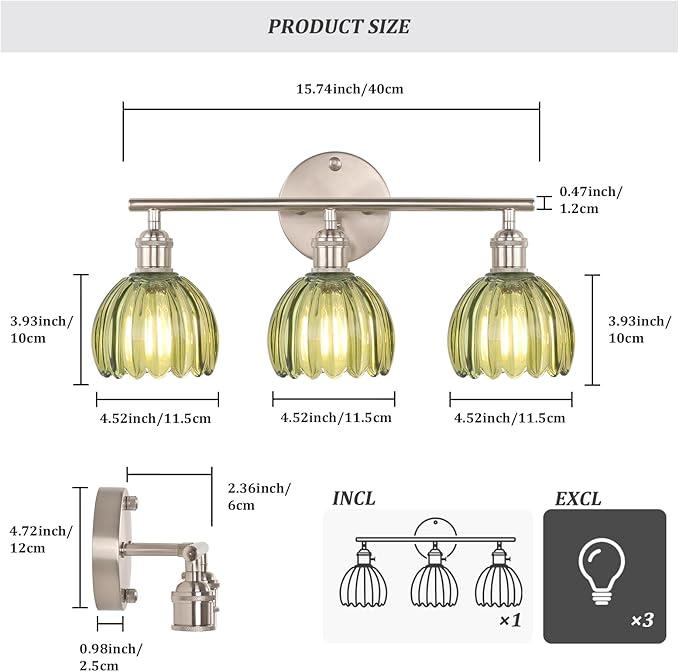 Shenmoyl Bathroom Light Fixtures, 3-Light Vanity Wall Light Over Mirror with Green Tulip Glass Shade for Bedroom Living Room (Bulb Not Included), Satin Nickel