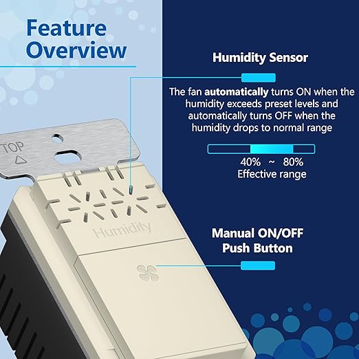 LIDER No Neutral Wire Required Humidity Sensor Switch, Automatic Humidity Control, Air Circulator, Adjustable Timing, 1-Pole, UL Listed, Light Almond, Wall Plate Included 2 Pack