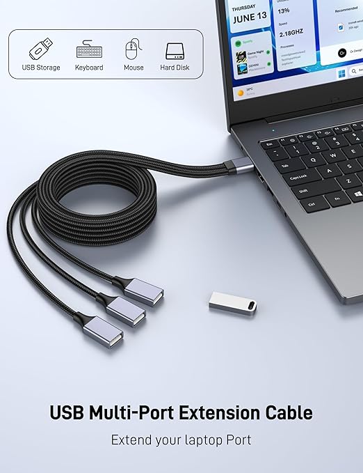 KAYQINHO 6.6FT USB A Male to 3 Female Cable, USB Splitter Cable for Mac, Xbox, Laptop, Tablet, Smartphone Data Transmission, Card Reader, Keyboard, PS4, PS5, Mouse. ﻿