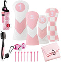 16 Pcs Pink Golf Accessories Kit Include 4 Pcs Golf Club Head Covers, Ball Bag with Hook Pink Towel Magnetic Ball Marker Tees Divot Tool Cleaner Brush for Christmas Women Girls Gifts