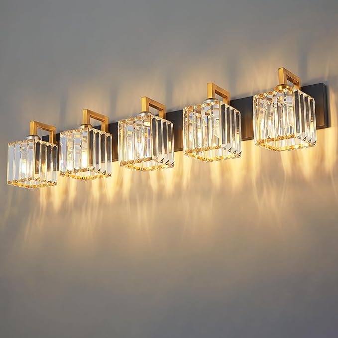 FDPBY Modern Bathroom Vanity Light 5-Lights Black Gold Crystal Wall Lamp Bathroom Modern Crystal Vanity Lighting