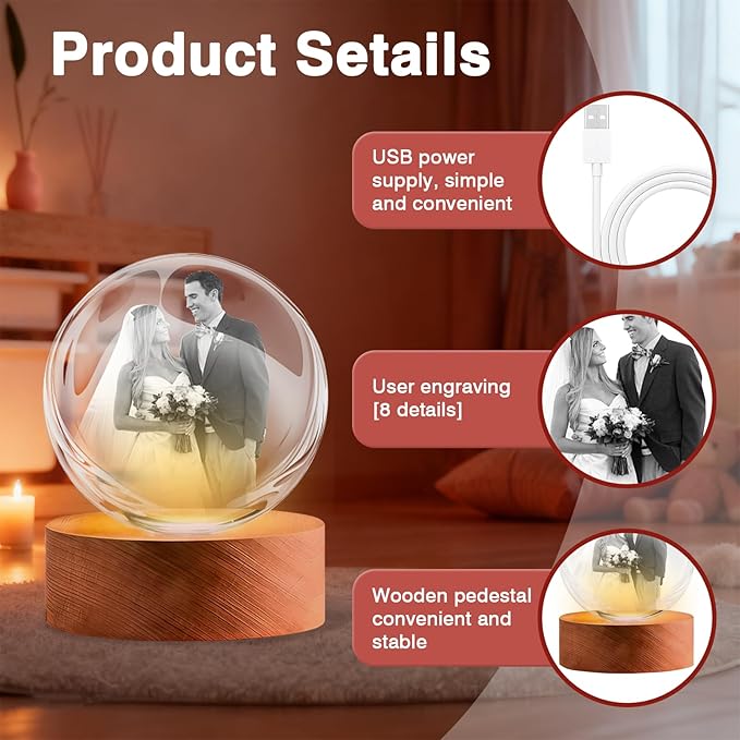 LOVEVEN Personalized 3D Crystal Ball Night Light - Custom Photo Snow Globe Lamp for Valentine‘s Day, Anniversary, Birthday - Memorial Keepsake Gift for Couples, Family, Pets