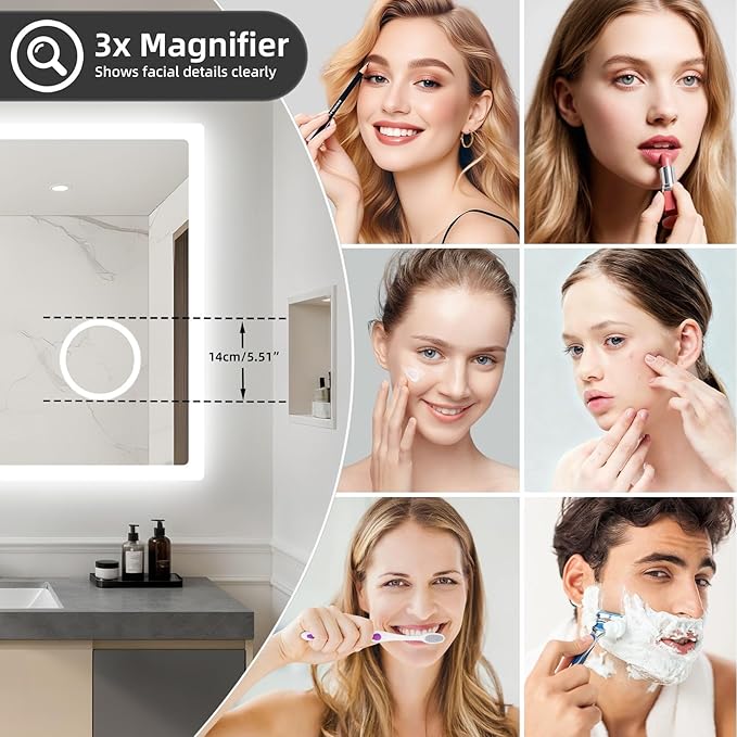 LUVODI Bathroom Mirror LED Lighted: 40x24 inch Rectangle Makeup Vanity with Bluetooth Speaker, Time Display, Magnifier, Anti-Fog, Memory Function, 3 Color Temperature