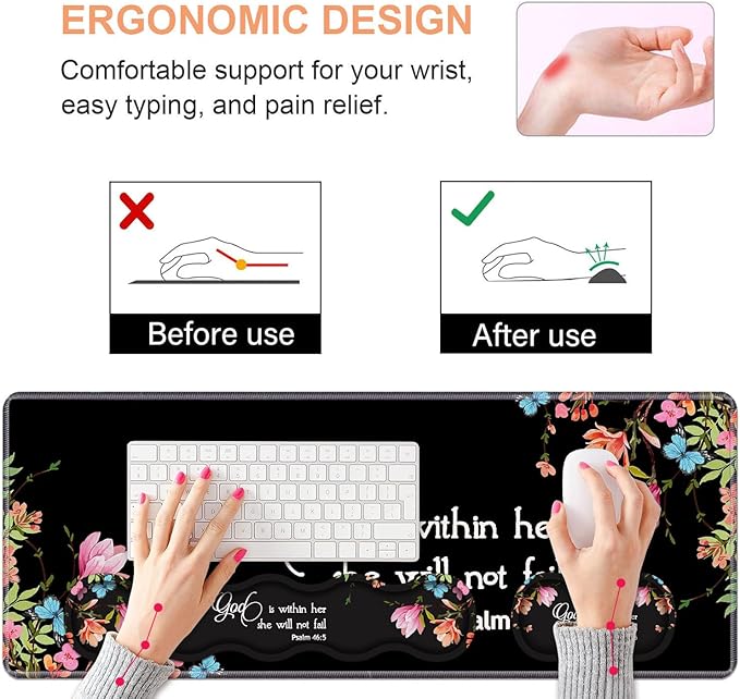 Ergonomic Keyboard Wrist Rest & Mouse Pad Wrist Rest Set,Large Gaming Desk Mat 31.5"x 11.8" with Non-Slip Base,Memory Foam,Easy Typing Pain Relief for Home & Office,Floral Quote Bible Verse Psalm 46:5