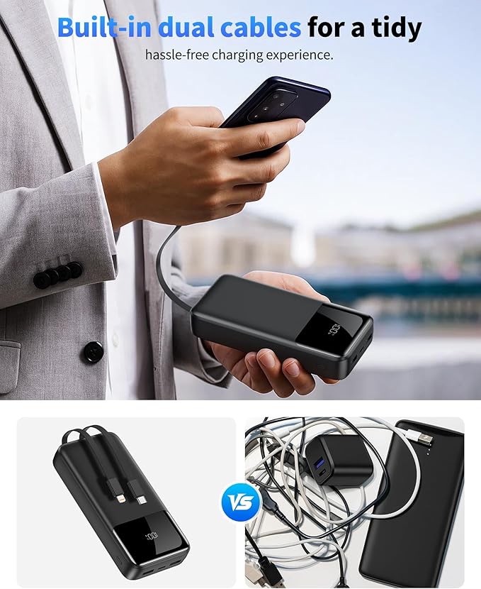 Portable Charger, 40000mAh Power Bank 22.5W Fast Charging, Built-in 2 Output Cable, Type-C Mobile Charger 5 Devices Simultaneously LCD Display for iPhone and Android Phones and Most Electronic Devices